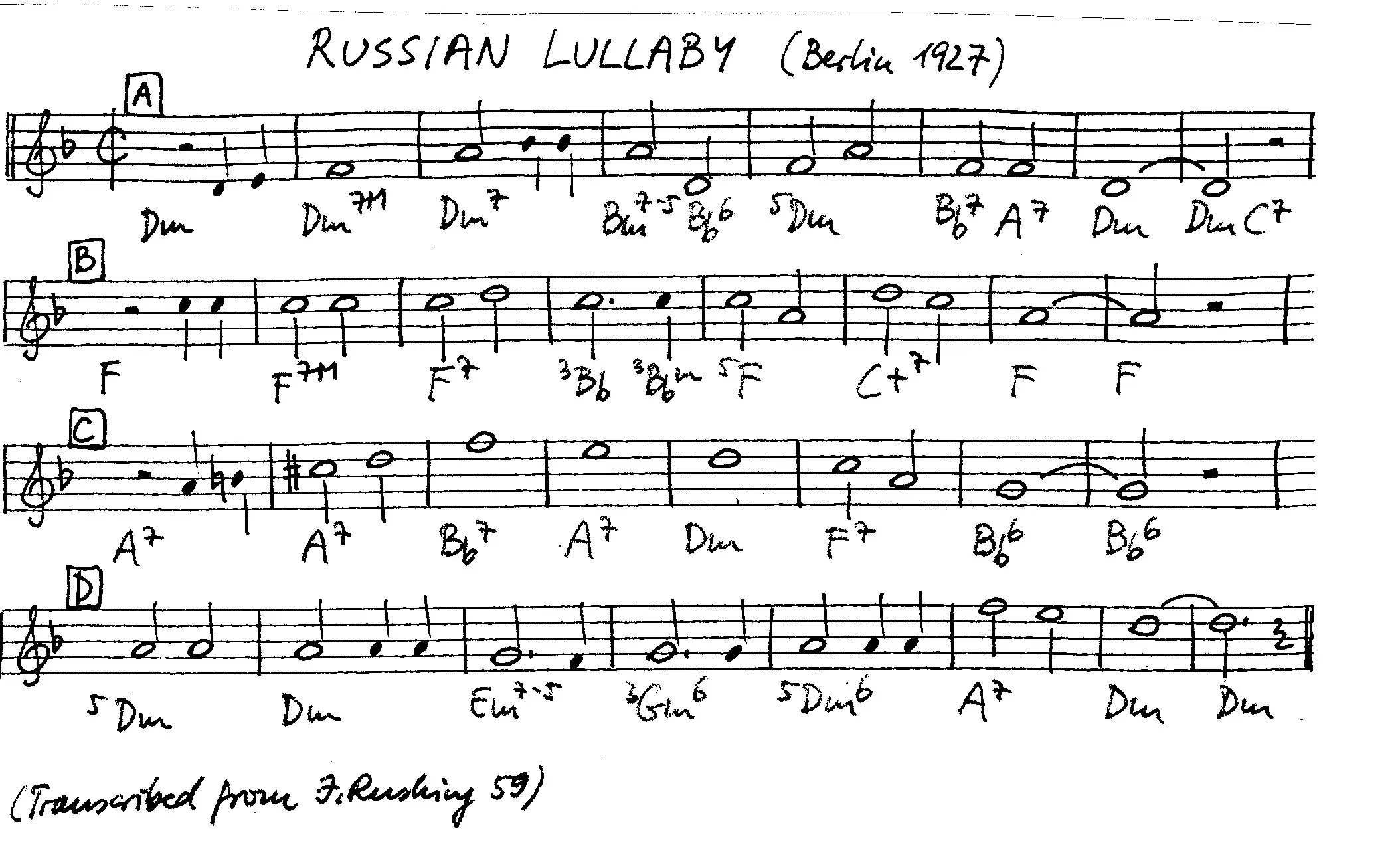 russian lullaby free jazz leadsheet - Courtesy of the Jungle Jazz Band